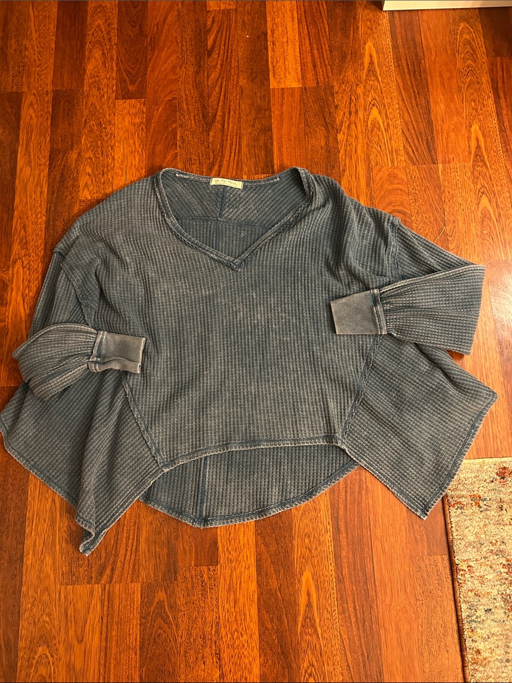 We The Free Washed Indigo V-Neck Waffle Knit Sweater